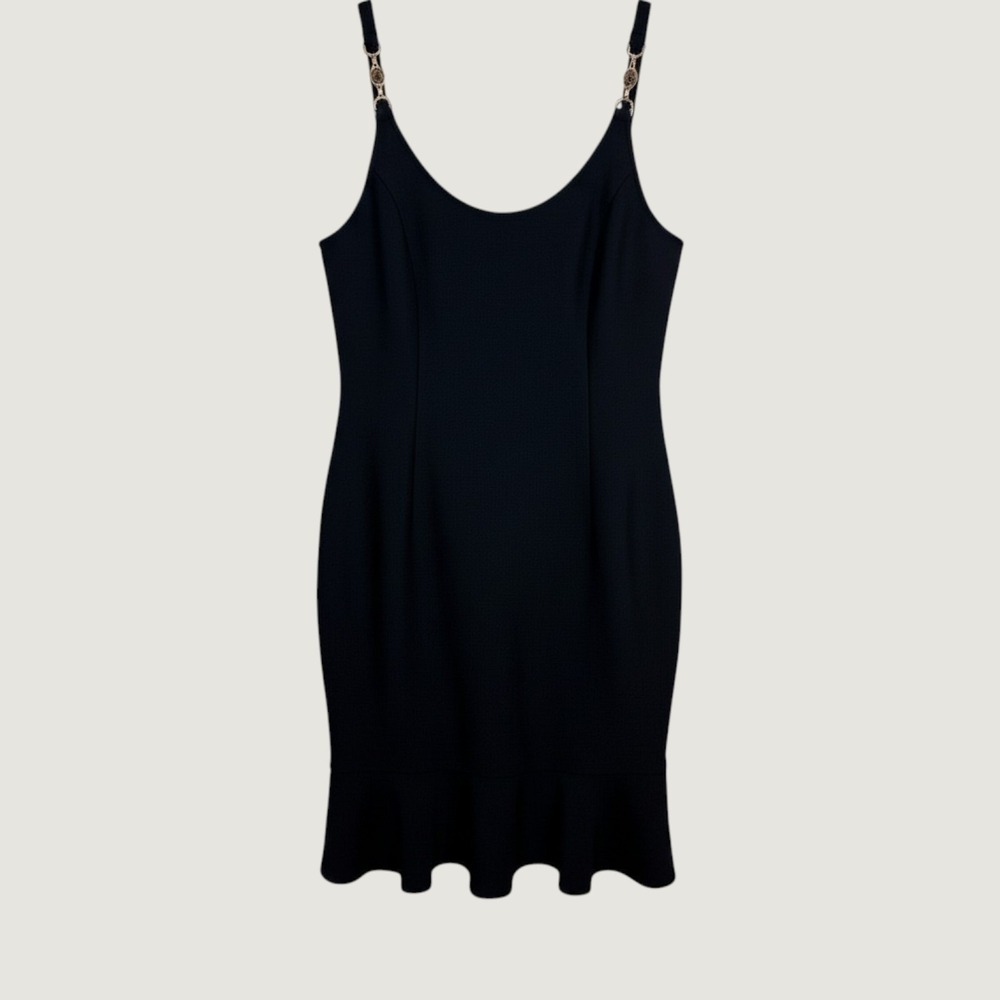 SNDYS Bandage Dress Womens 3X Black Ribbed Gold Chain Strap Flounce Hem New